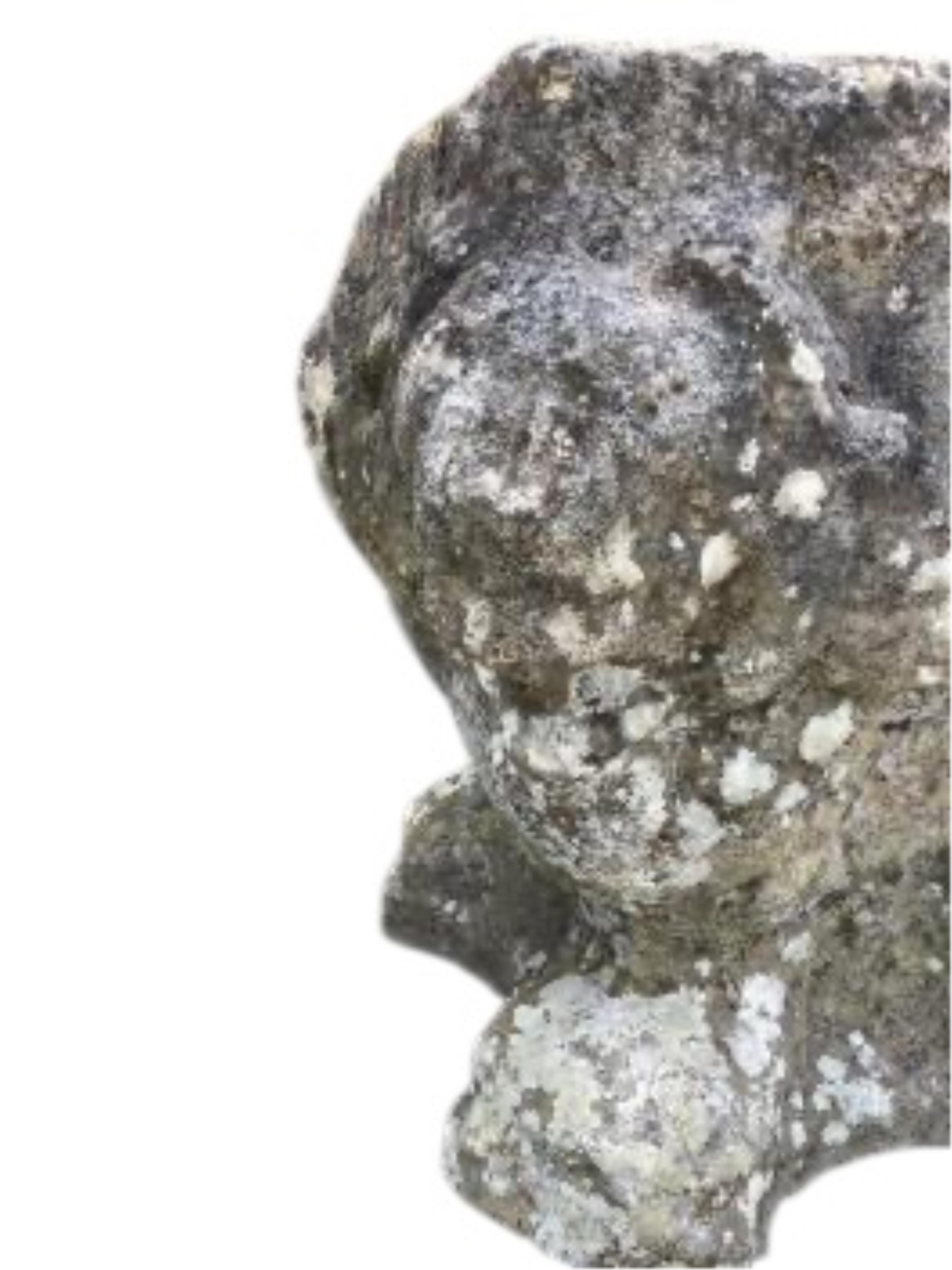 A pair of small reconstituted stone garden urns, moulded with lion masks, width 30cm, height 33cm